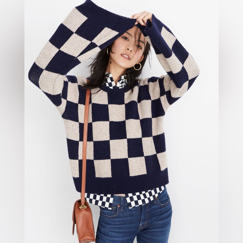 Madewell Navy and Cream Checkerboard Crewneck Sweater